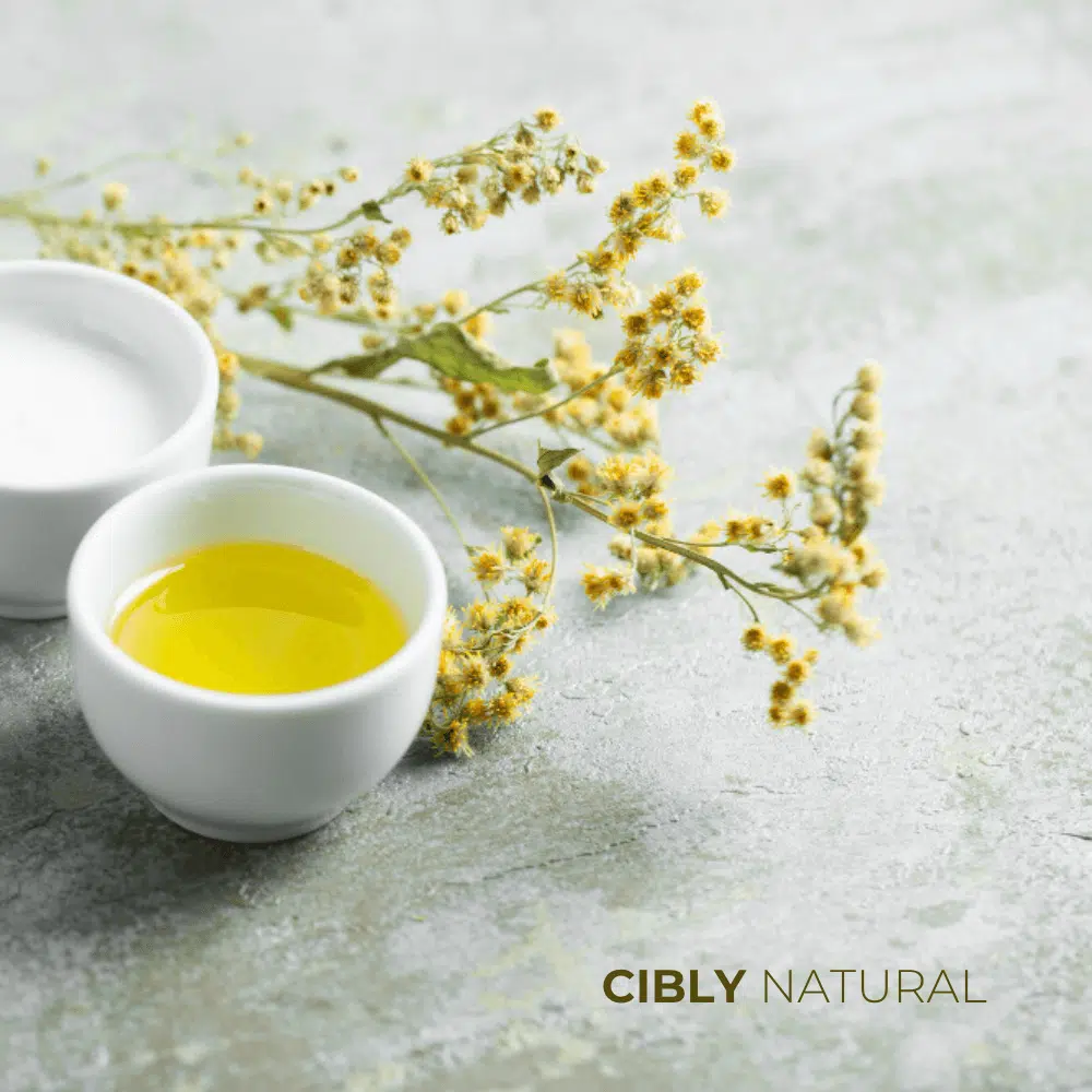 Златисти цветове на безсмъртниче (Helichrysum italicum) и етерично масло от безсмъртниче на естествен фон