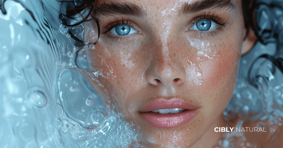 Капки вода върху свежа кожа – символ на дълбока хидратация и здрава кожна бариера