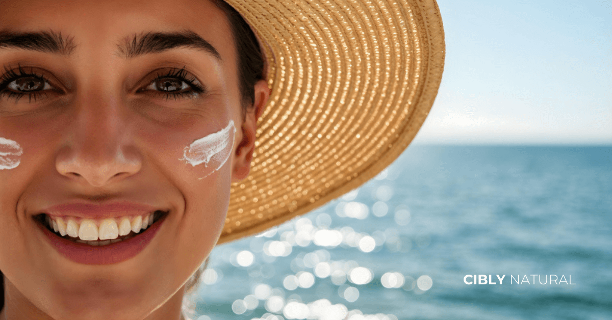 Жена нанася SPF слънцезащитен крем на лицето си под слънчеви лъчи – защита от UVA и UVB