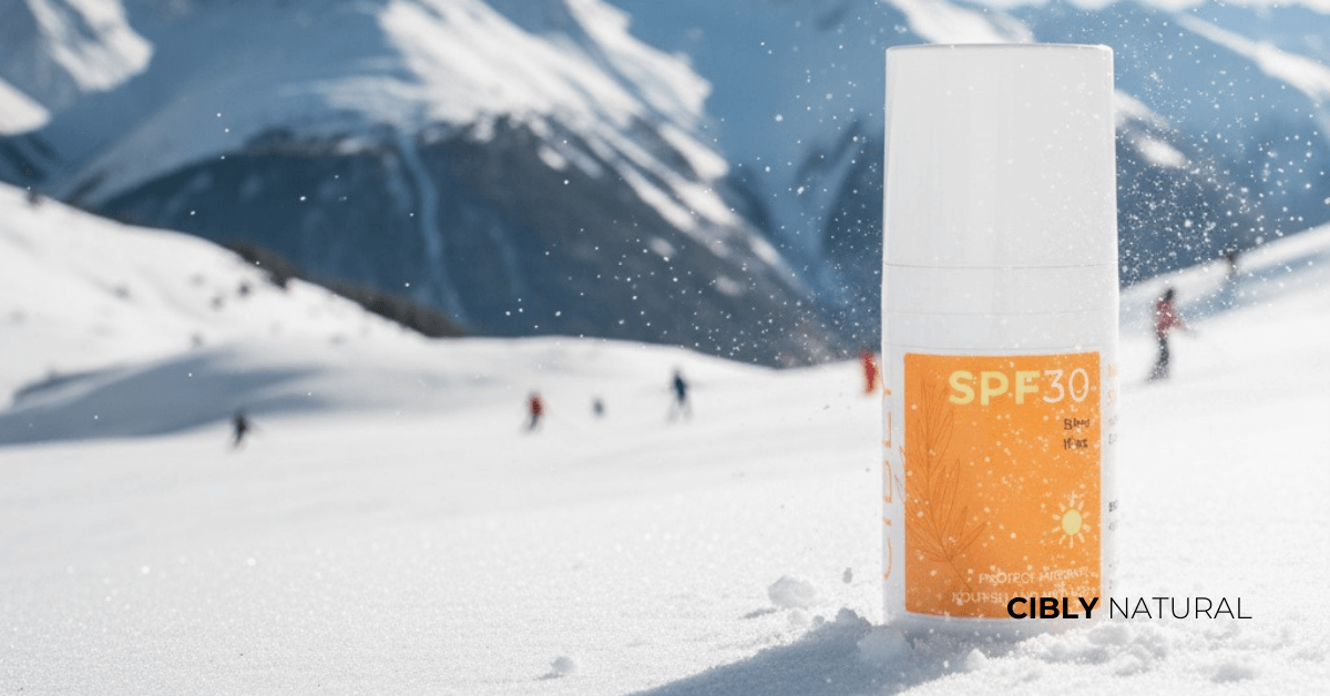 Жена ски в планината със защитен слънцезащитен крем на лицето