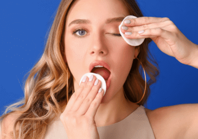 Жена премахва грим с памучен тампон и натурален почистващ продукт