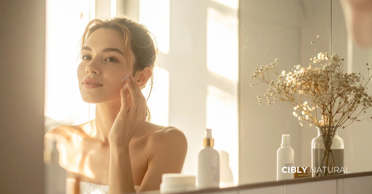 Пролетна сутрешна рутина за кожа – лек серум, крем и SPF на светъл рафт с пролетни цветя