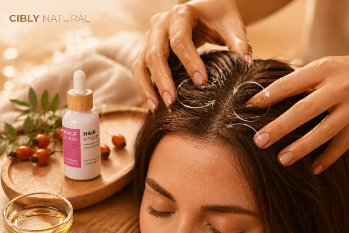 Течен витамин Е нанасян с масаж на скалп за стимулиране на растежа на косата