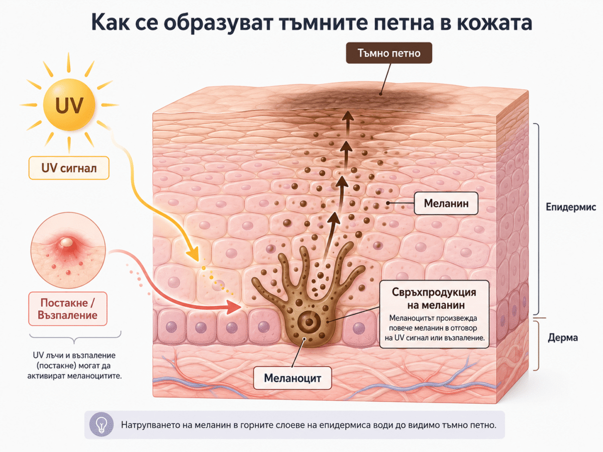 Схема на образуване на тъмни петна – меланоцити, UV сигнал и меланинова свръхпродукция