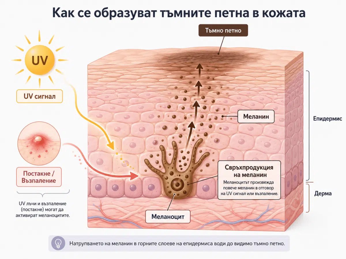 Схема на образуване на тъмни петна – меланоцити, UV сигнал и меланинова свръхпродукция