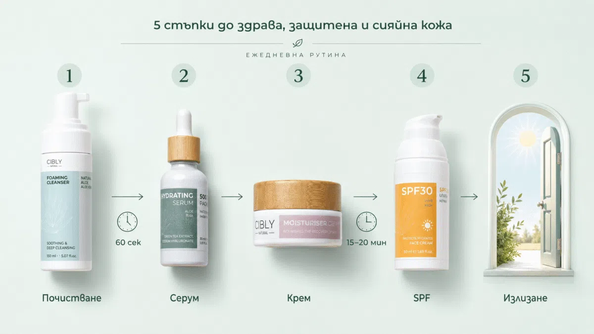 Пълна сутрешна рутина с правилен ред – почистване, серум, крем, SPF с таймери между стъпките