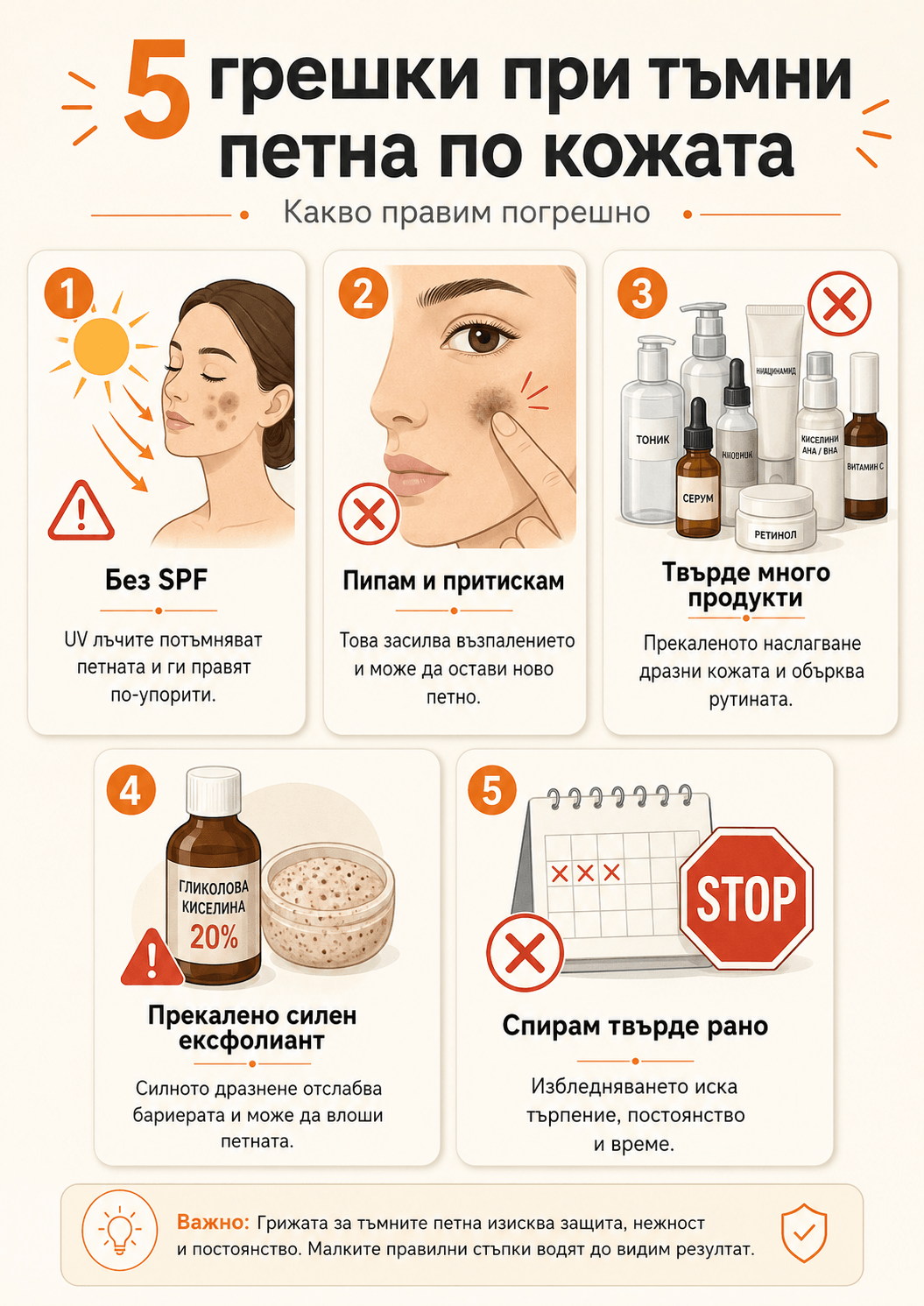 5 грешки при третиране на тъмни петна – пропуснат SPF, притискане, прекалено дразнене