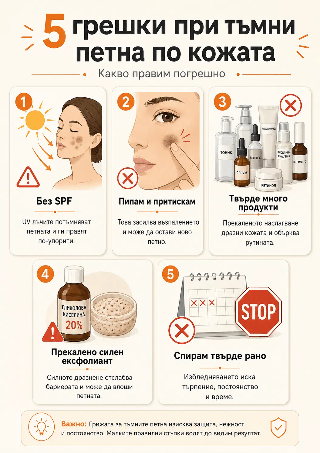 5 грешки при третиране на тъмни петна – пропуснат SPF, притискане, прекалено дразнене